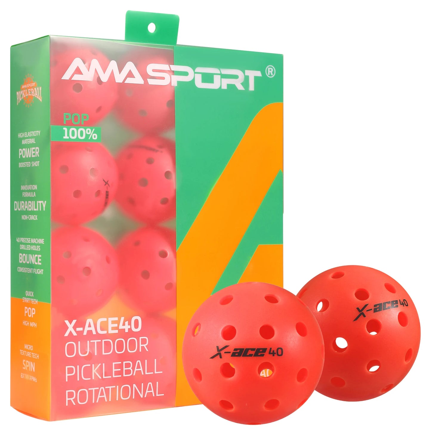 AMA Sport X-ACE Pickleballs 40 Hole Outdoor Pickleball Balls Crack Resistant ONE Piece Balls 100% POP-Optic Yellow