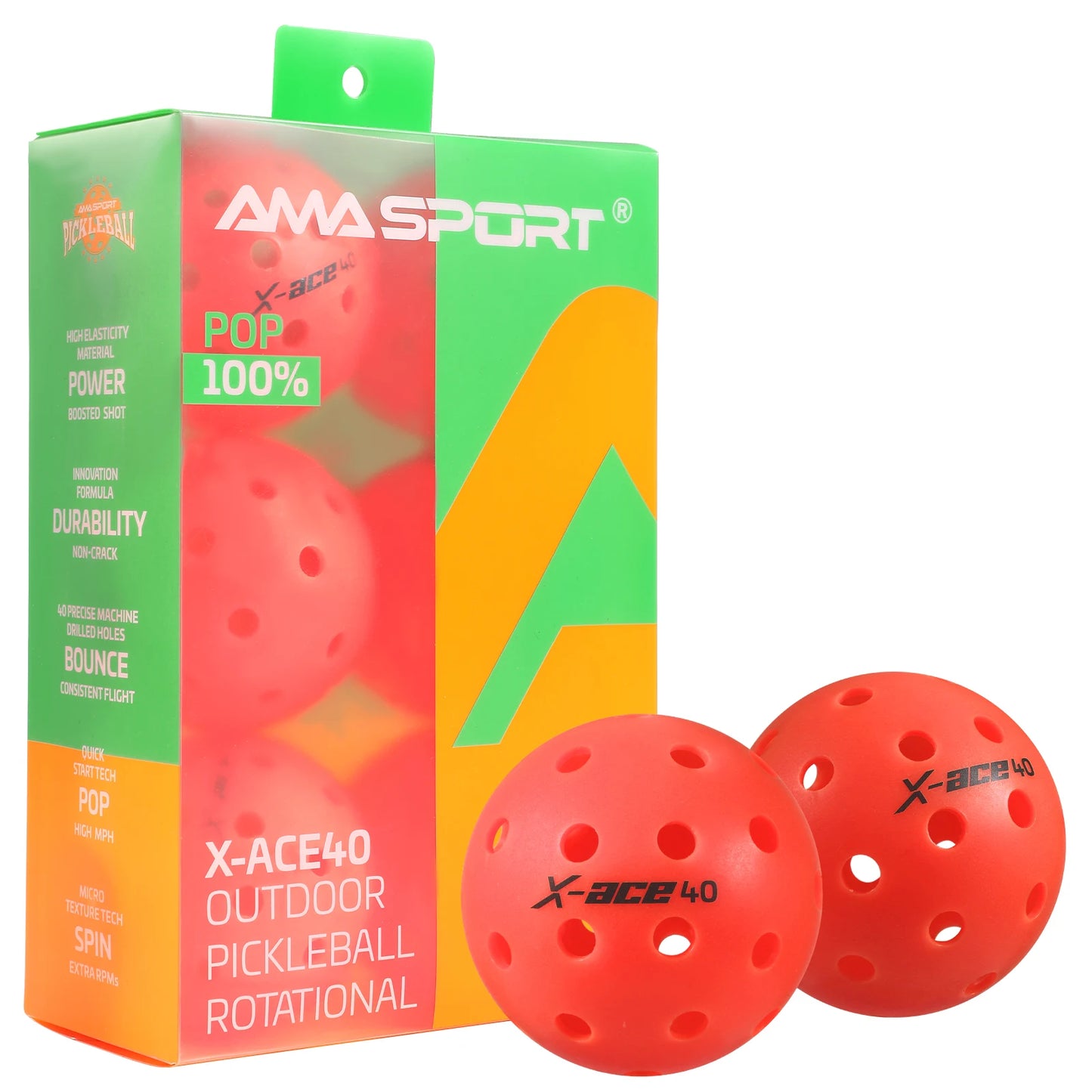 AMA Sport X-ACE Pickleballs 40 Hole Outdoor Pickleball Balls Crack Resistant ONE Piece Balls 100% POP-Optic Yellow