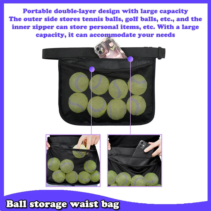 Tennis Ball Holder Adjustable Tennis Ball Waist Bag Sweatproof Mesh Cloth Ball Pouch Pickleball Training Holding Bag Accessory