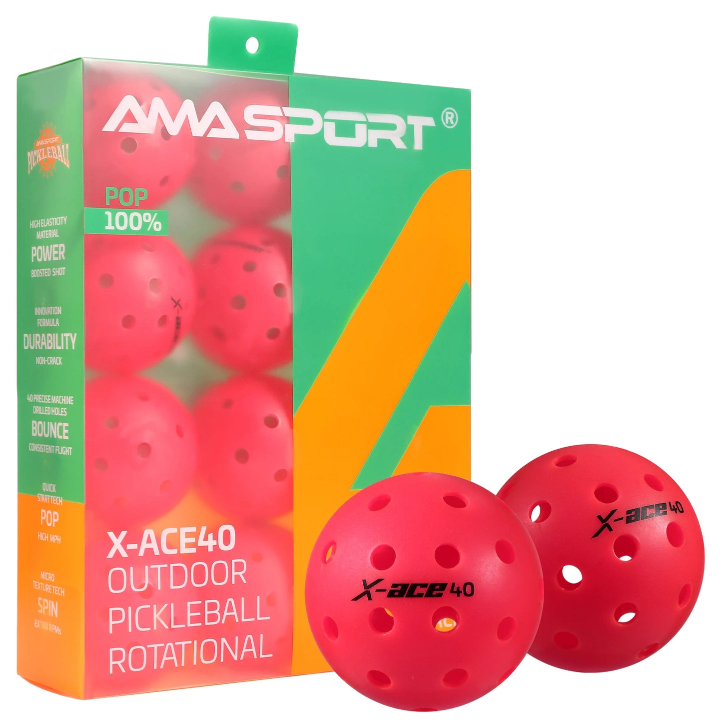 AMA Sport X-ACE Pickleballs 40 Hole Outdoor Pickleball Balls Crack Resistant ONE Piece Balls 100% POP-Optic Yellow