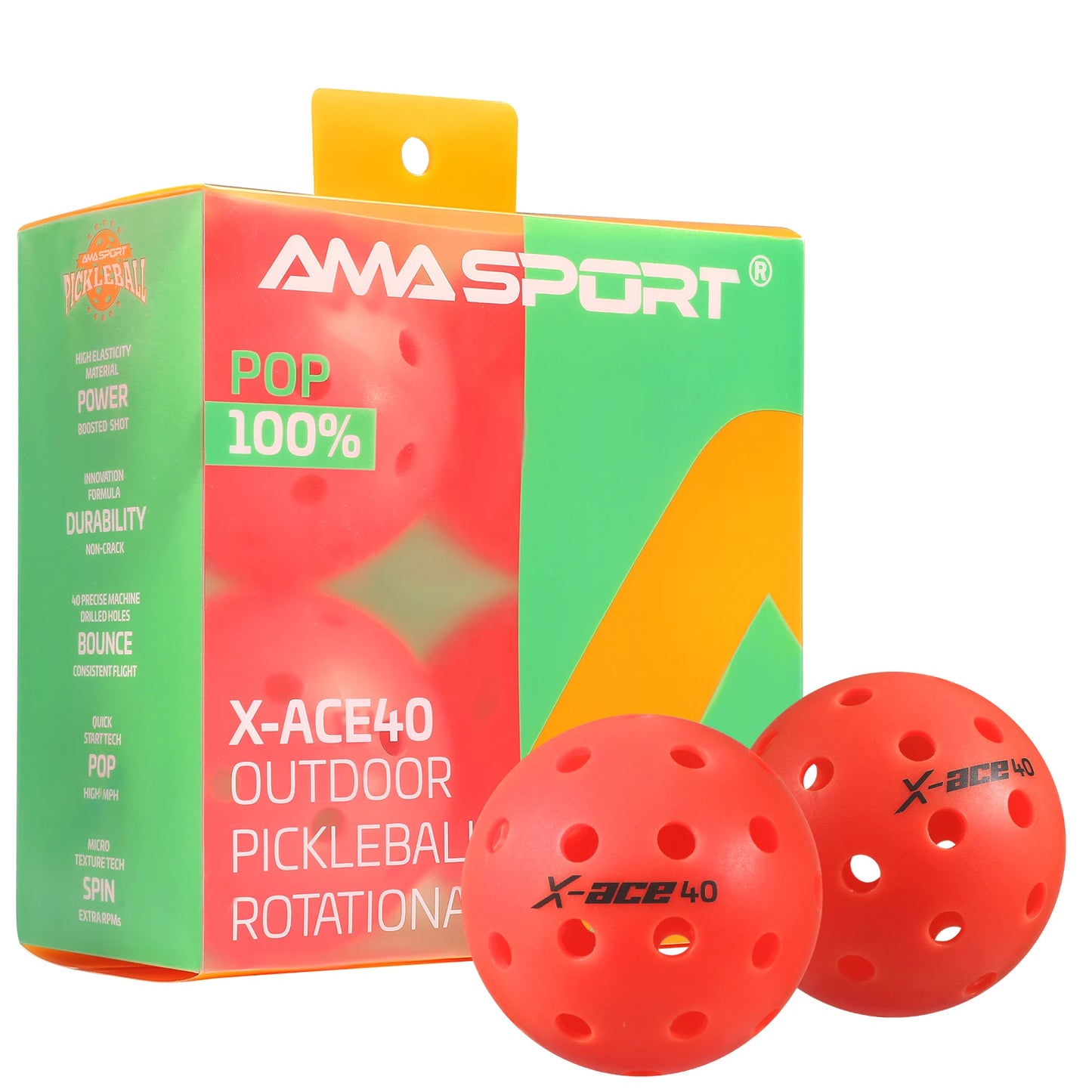 AMA Sport X-ACE Pickleballs 40 Hole Outdoor Pickleball Balls Crack Resistant ONE Piece Balls 100% POP-Optic Yellow