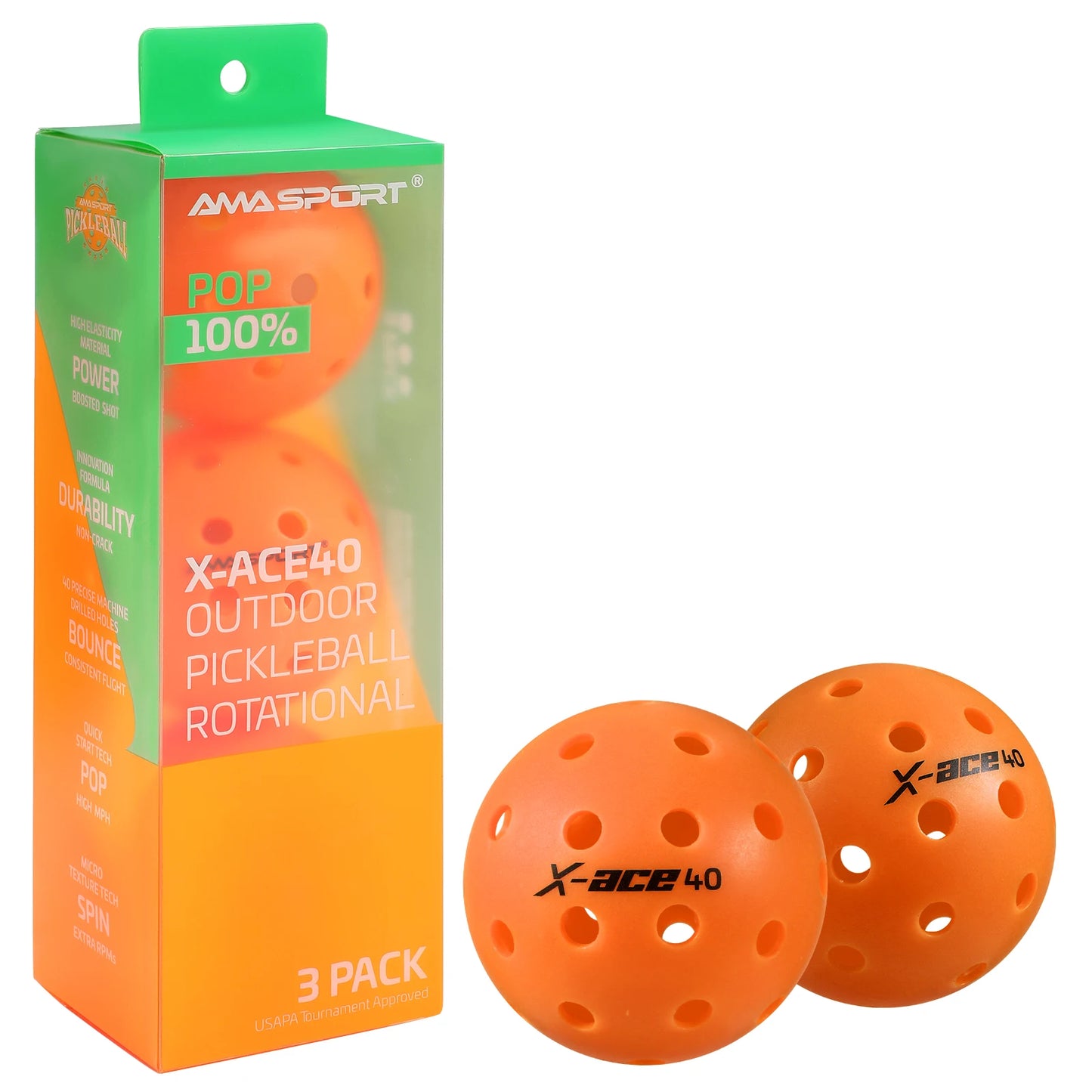 AMA Sport X-ACE Pickleballs 40 Hole Outdoor Pickleball Balls Crack Resistant ONE Piece Balls 100% POP-Optic Yellow