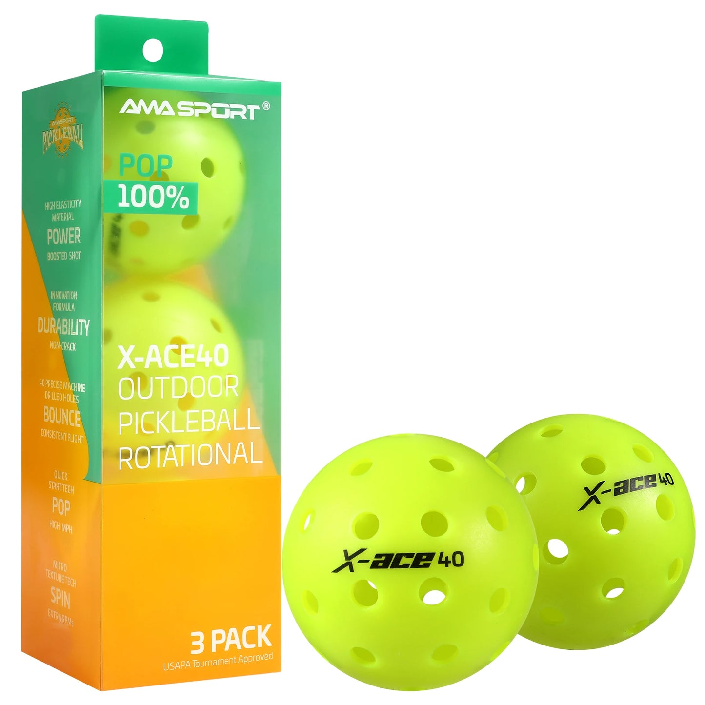 AMA Sport X-ACE Pickleballs 40 Hole Outdoor Pickleball Balls Crack Resistant ONE Piece Balls 100% POP-Optic Yellow