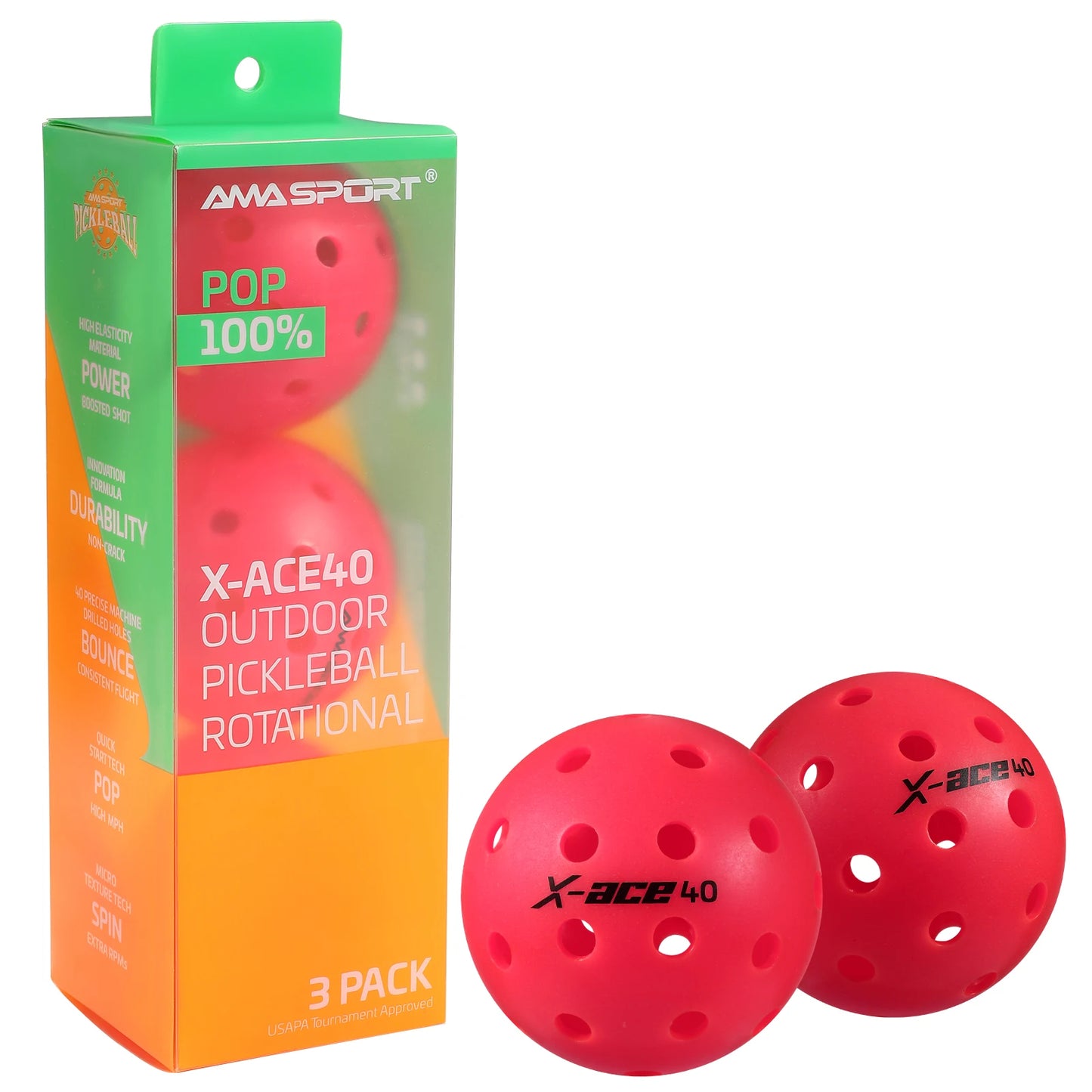 AMA Sport X-ACE Pickleballs 40 Hole Outdoor Pickleball Balls Crack Resistant ONE Piece Balls 100% POP-Optic Yellow